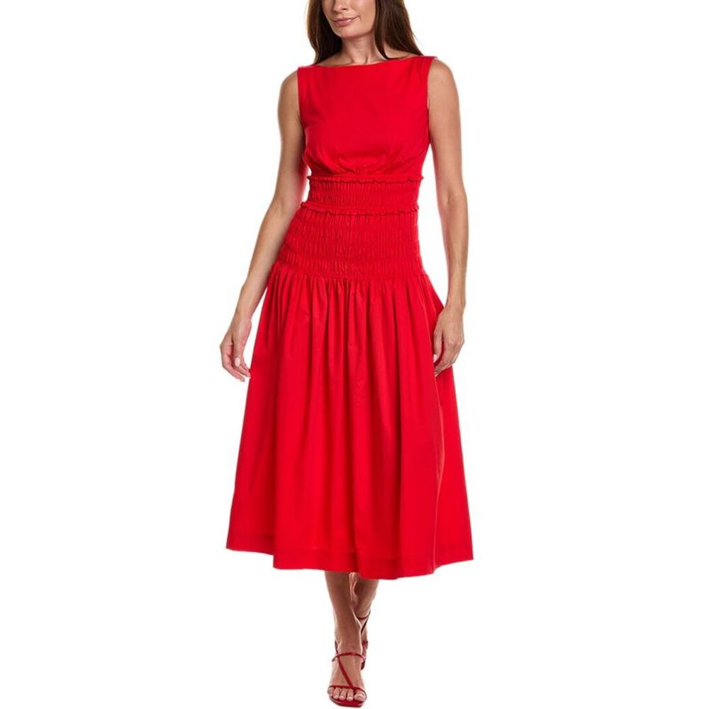 Anne Klein Womens  Smocked Boatneck Poplin Midi Dress, Pink